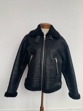 The Kooples Black Shearling-Trim Aviator Jacket